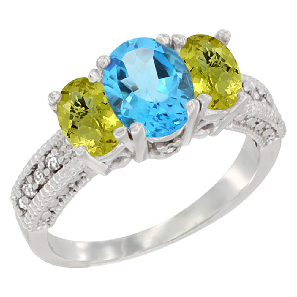 14K White Gold Diamond Natural Swiss Blue Topaz Ring Oval 3-stone with Lemon Quartz, sizes 5 - 10