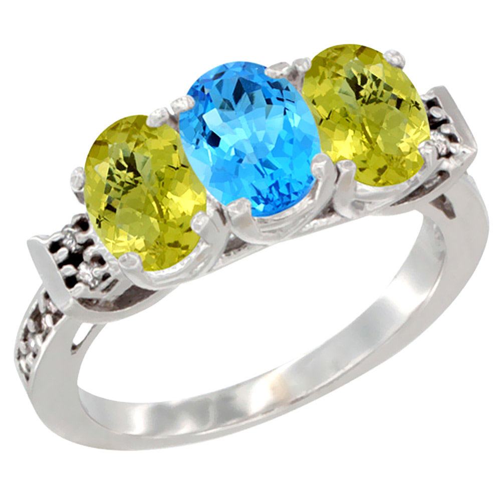 10K White Gold Natural Swiss Blue Topaz & Lemon Quartz Sides Ring 3-Stone Oval 7x5 mm Diamond Accent, sizes 5 - 10