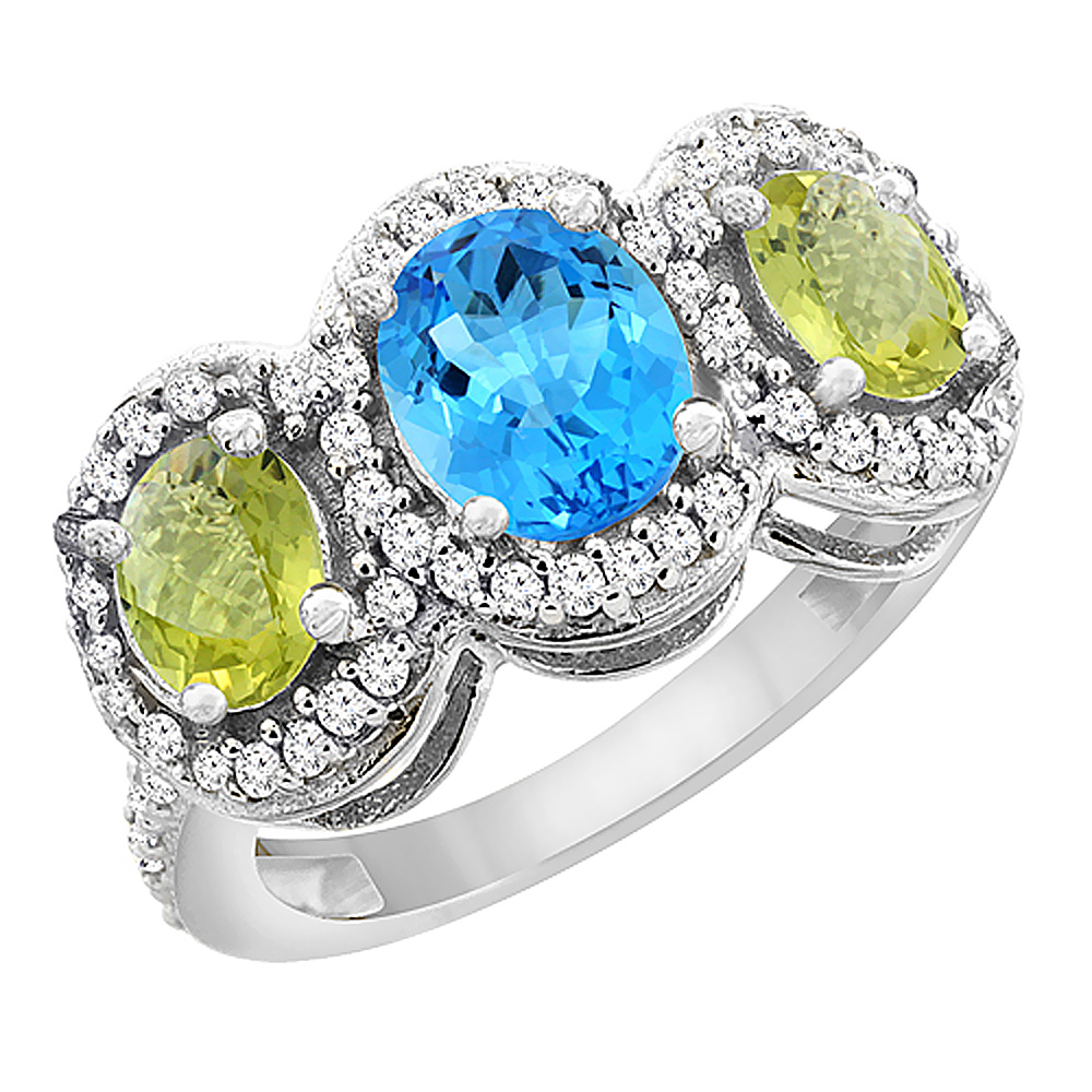 14K White Gold Natural Swiss Blue Topaz & Lemon Quartz 3-Stone Ring Oval Diamond Accent, sizes 5 - 10