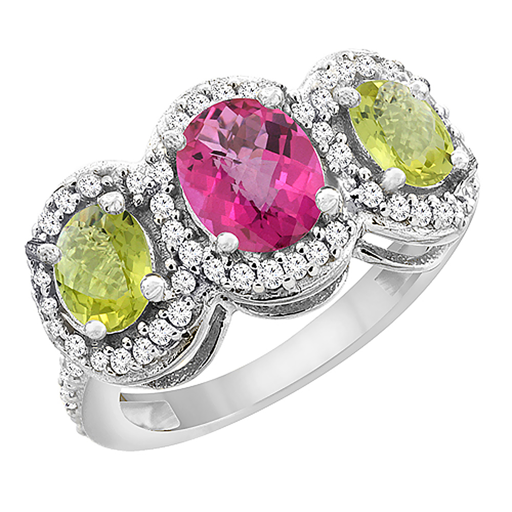 14K White Gold Natural Pink Sapphire &amp; Lemon Quartz 3-Stone Ring Oval Diamond Accent, sizes 5 - 10