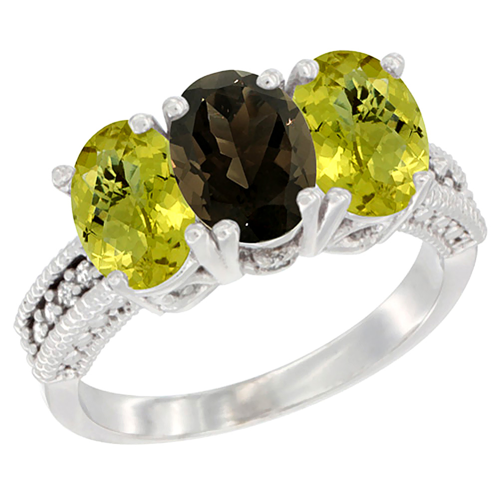 10K White Gold Diamond Natural Smoky Topaz & Lemon Quartz Ring 3-Stone 7x5 mm Oval, sizes 5 - 10