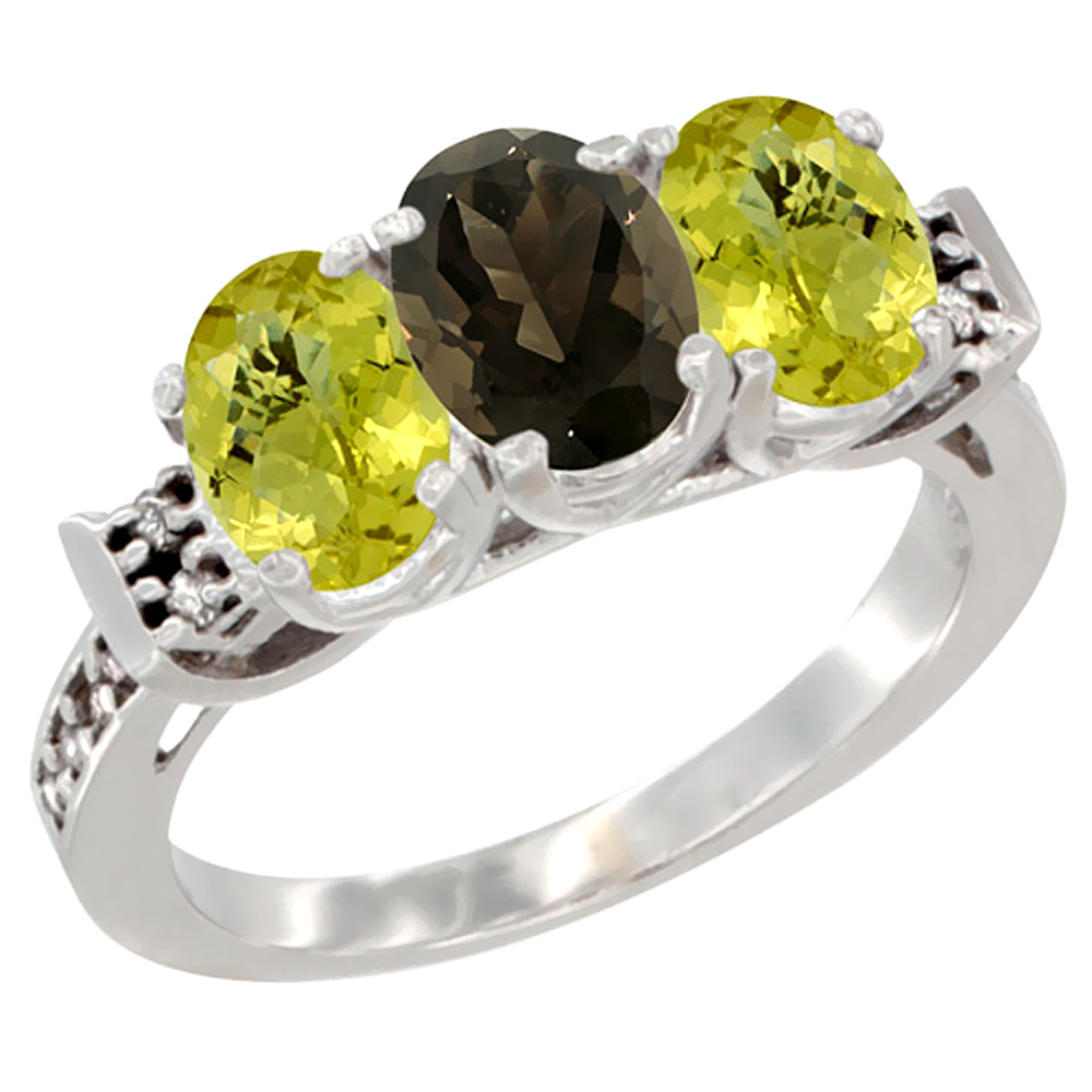 14K White Gold Natural Smoky Topaz & Lemon Quartz Ring 3-Stone 7x5 mm Oval Diamond Accent, sizes 5 - 10