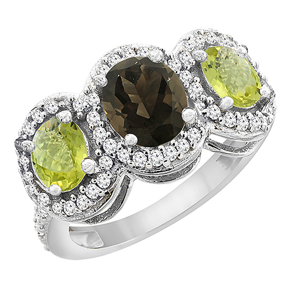 14K White Gold Natural Smoky Topaz & Lemon Quartz 3-Stone Ring Oval Diamond Accent, sizes 5 - 10