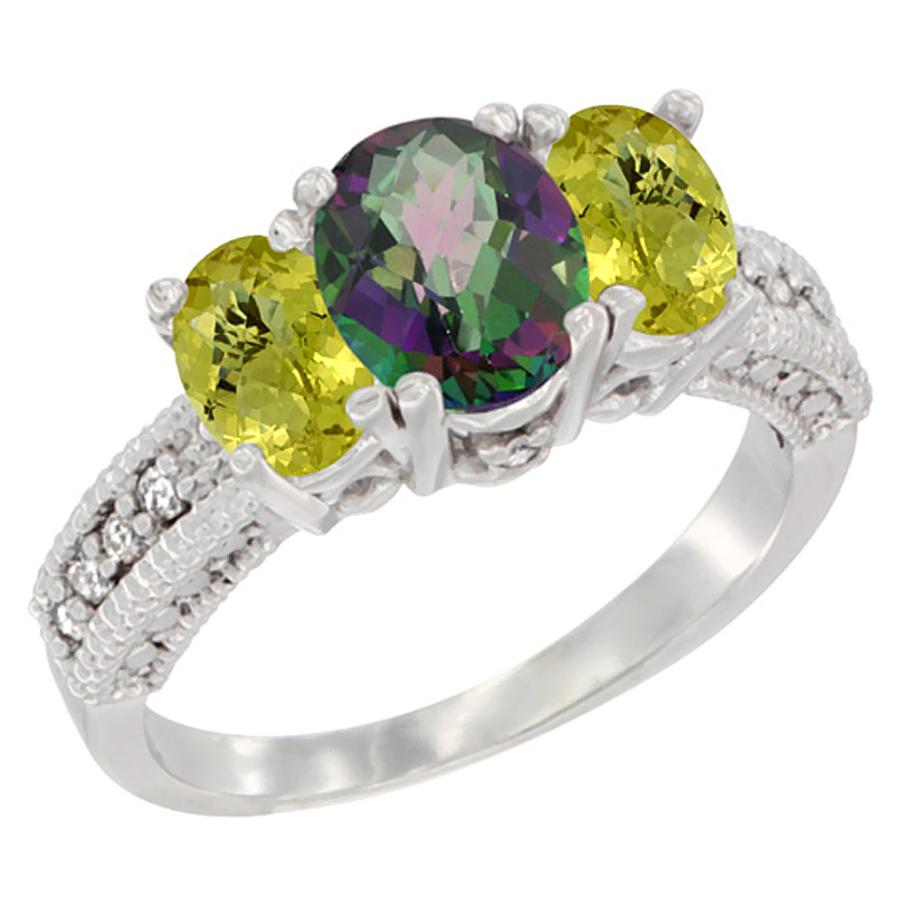 10K White Gold Diamond Natural Mystic Topaz Ring Oval 3-stone with Lemon Quartz, sizes 5 - 10