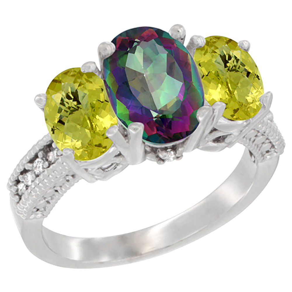 10K White Gold Diamond Natural Mystic Topaz Ring 3-Stone Oval 8x6mm with Lemon Quartz, sizes5-10