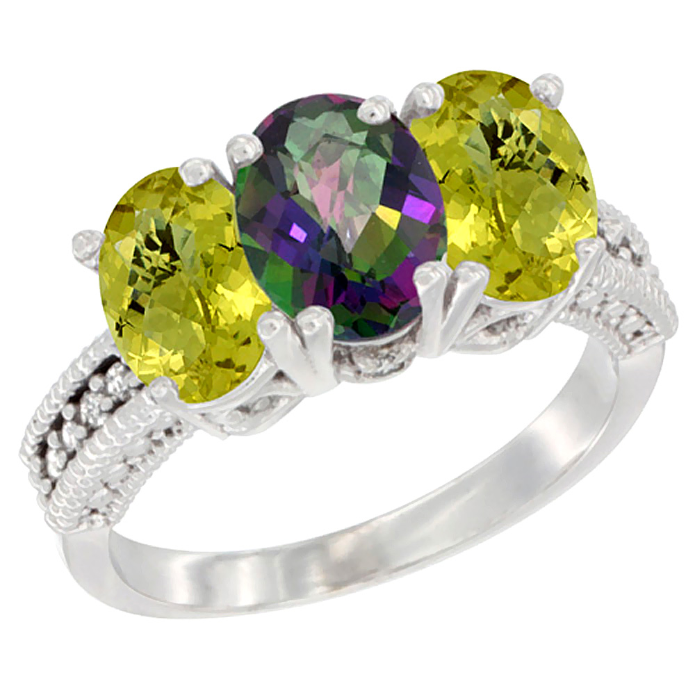 10K White Gold Diamond Natural Mystic Topaz & Lemon Quartz Ring 3-Stone 7x5 mm Oval, sizes 5 - 10