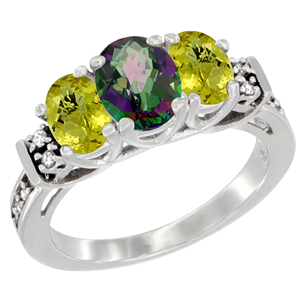 10K White Gold Natural Mystic Topaz &amp; Lemon Quartz Ring 3-Stone Oval Diamond Accent, sizes 5-10