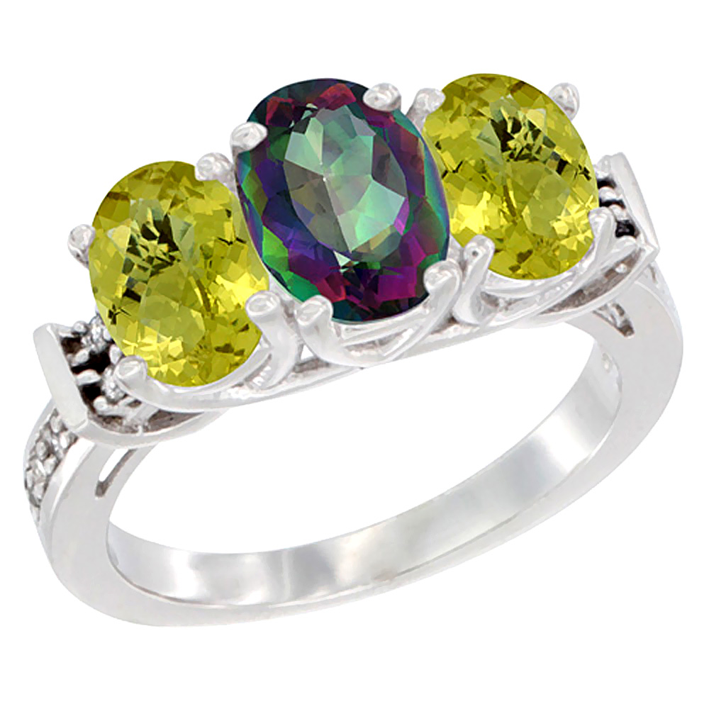 10K White Gold Natural Mystic Topaz & Lemon Quartz Sides Ring 3-Stone Oval Diamond Accent, sizes 5 - 10