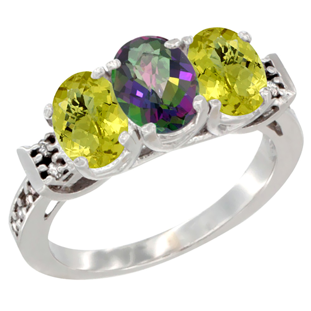 10K White Gold Natural Mystic Topaz & Lemon Quartz Sides Ring 3-Stone Oval 7x5 mm Diamond Accent, sizes 5 - 10