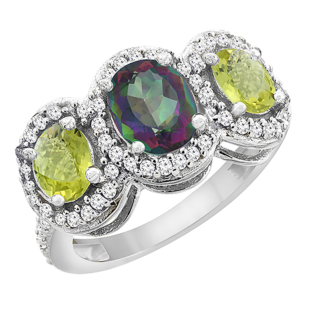 10K White Gold Natural Mystic Topaz & Lemon Quartz 3-Stone Ring Oval Diamond Accent, sizes 5 - 10