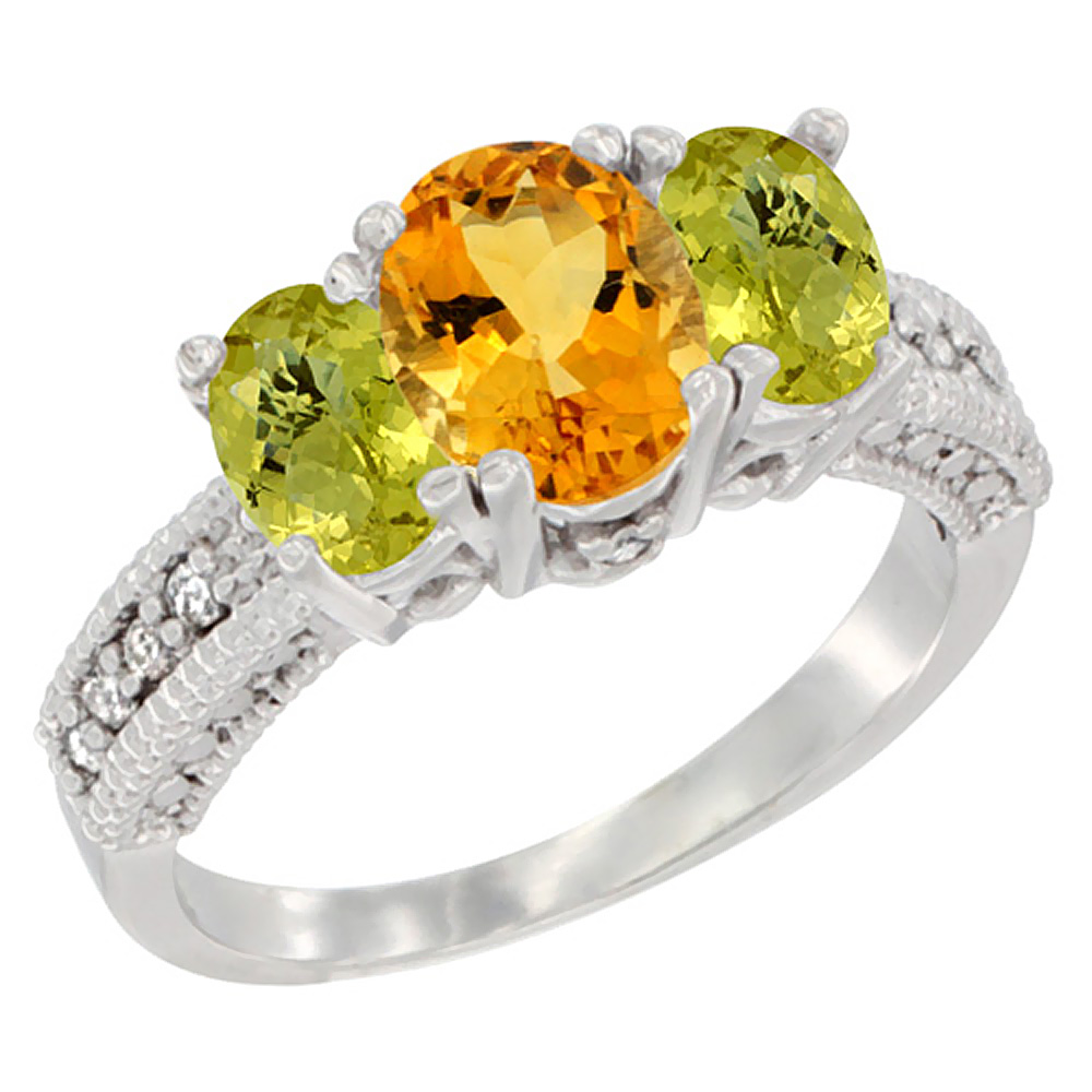 14K White Gold Diamond Natural Citrine Ring Oval 3-stone with Lemon Quartz, sizes 5 - 10