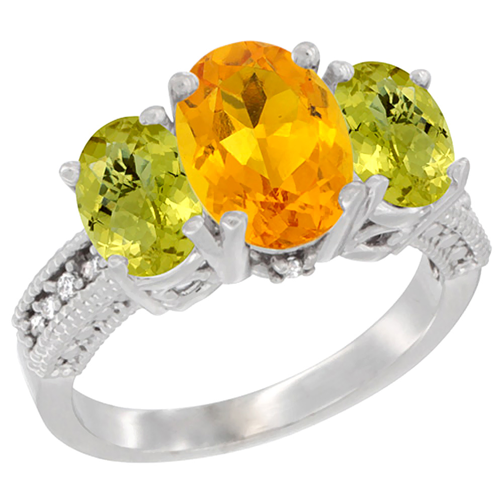 14K White Gold Diamond Natural Citrine Ring 3-Stone Oval 8x6mm with Lemon Quartz, sizes5-10