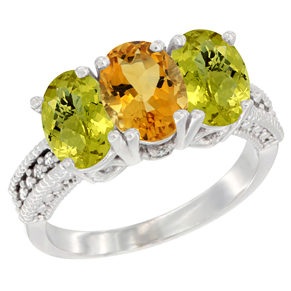 10K White Gold Diamond Natural Citrine & Lemon Quartz Ring 3-Stone 7x5 mm Oval, sizes 5 - 10