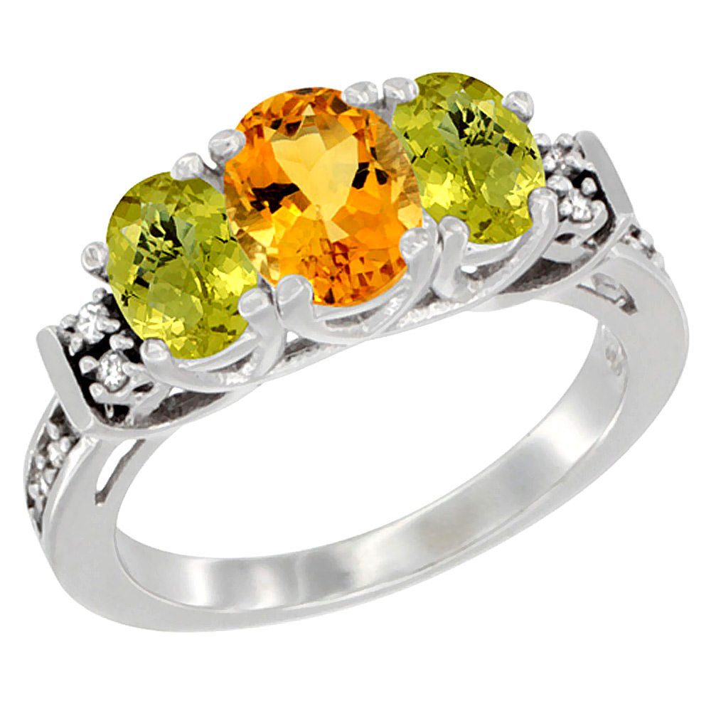 10K White Gold Natural Citrine & Lemon Quartz Ring 3-Stone Oval Diamond Accent, sizes 5-10