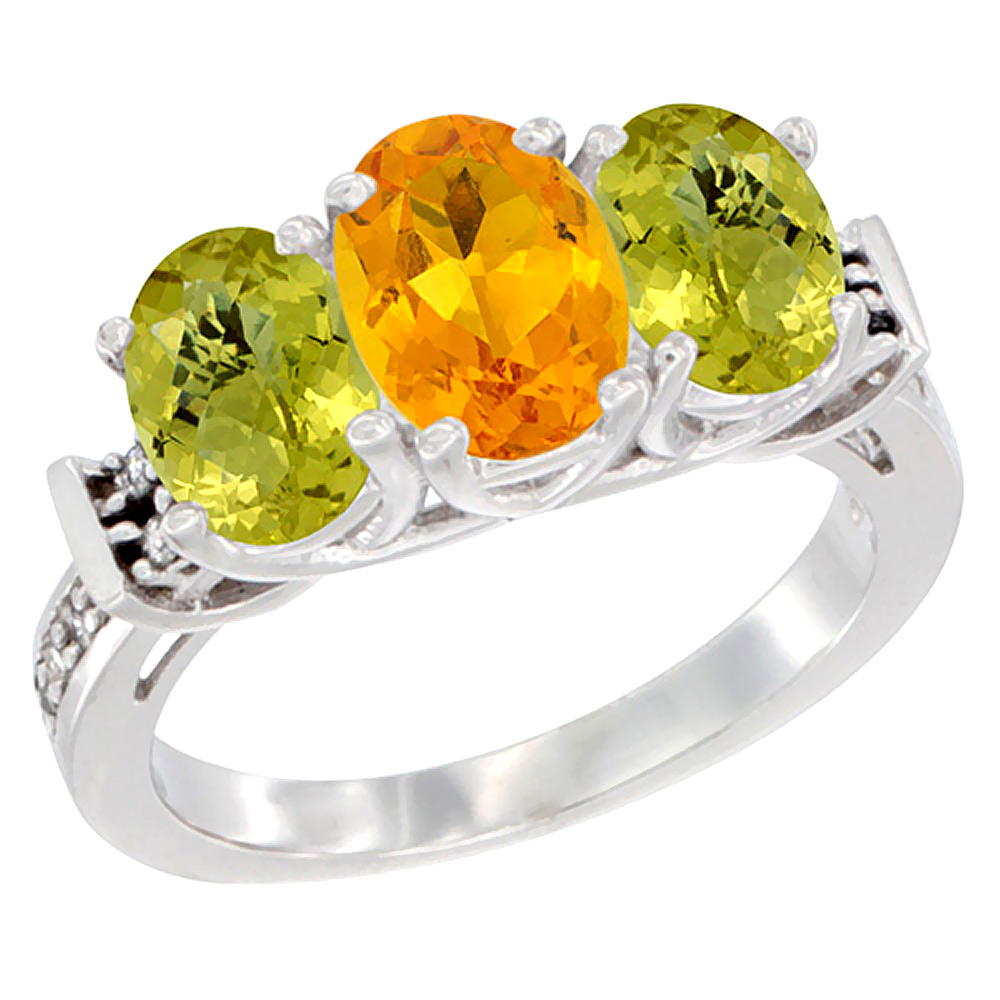 14K White Gold Natural Citrine &amp; Lemon Quartz Sides Ring 3-Stone Oval Diamond Accent, sizes 5 - 10