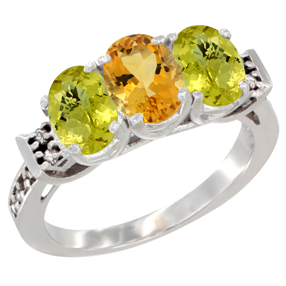 14K White Gold Natural Citrine & Lemon Quartz Ring 3-Stone 7x5 mm Oval Diamond Accent, sizes 5 - 10