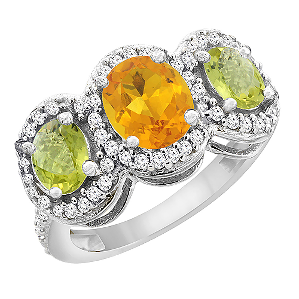 14K White Gold Natural Citrine &amp; Lemon Quartz 3-Stone Ring Oval Diamond Accent, sizes 5 - 10