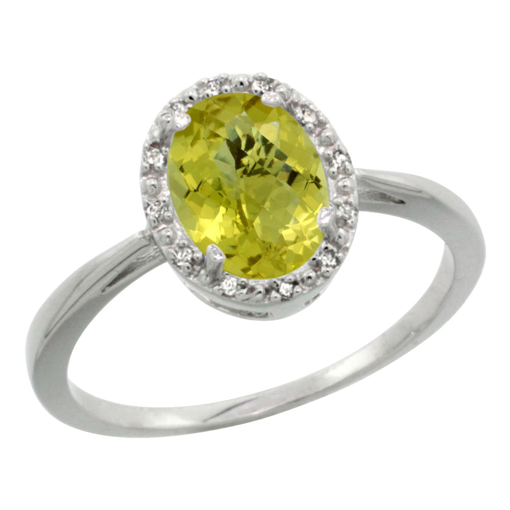 14K White Gold Natural Lemon Quartz Diamond Halo Ring Oval 8X6mm, sizes 5 10