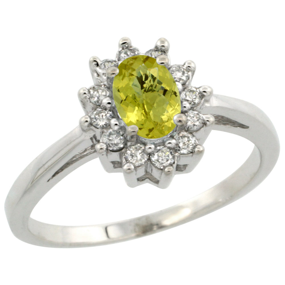 14K White Gold Natural Lemon Quartz Flower Diamond Halo Ring Oval 6x4 mm, sizes 5 10