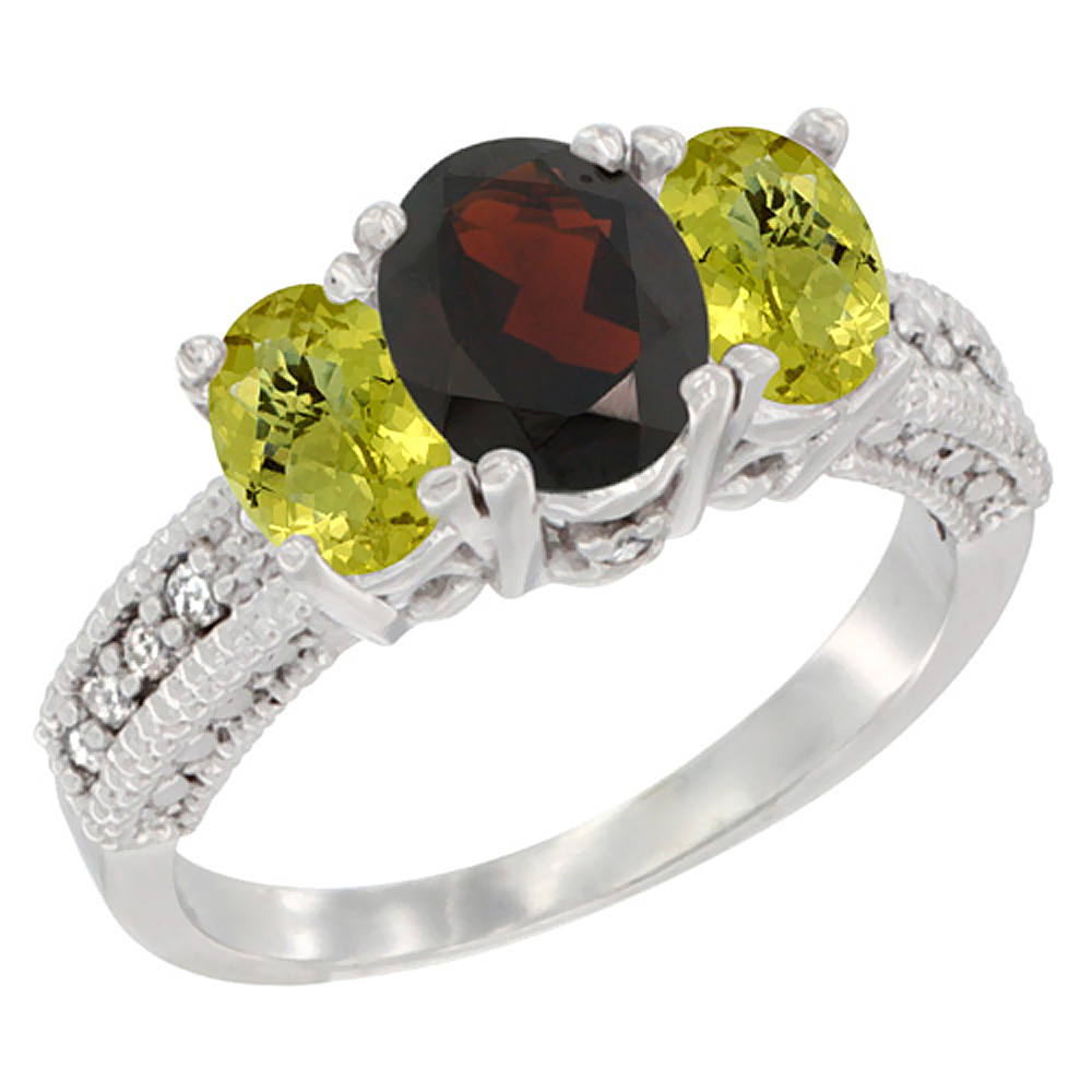 10K White Gold Diamond Natural Garnet Ring Oval 3-stone with Lemon Quartz, sizes 5 - 10