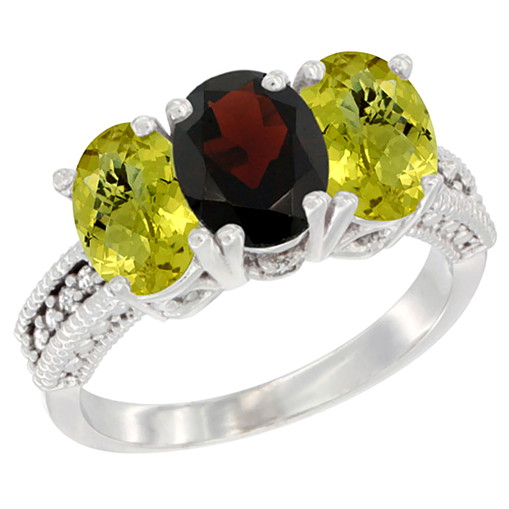 10K White Gold Diamond Natural Garnet & Lemon Quartz Ring 3-Stone 7x5 mm Oval, sizes 5 - 10