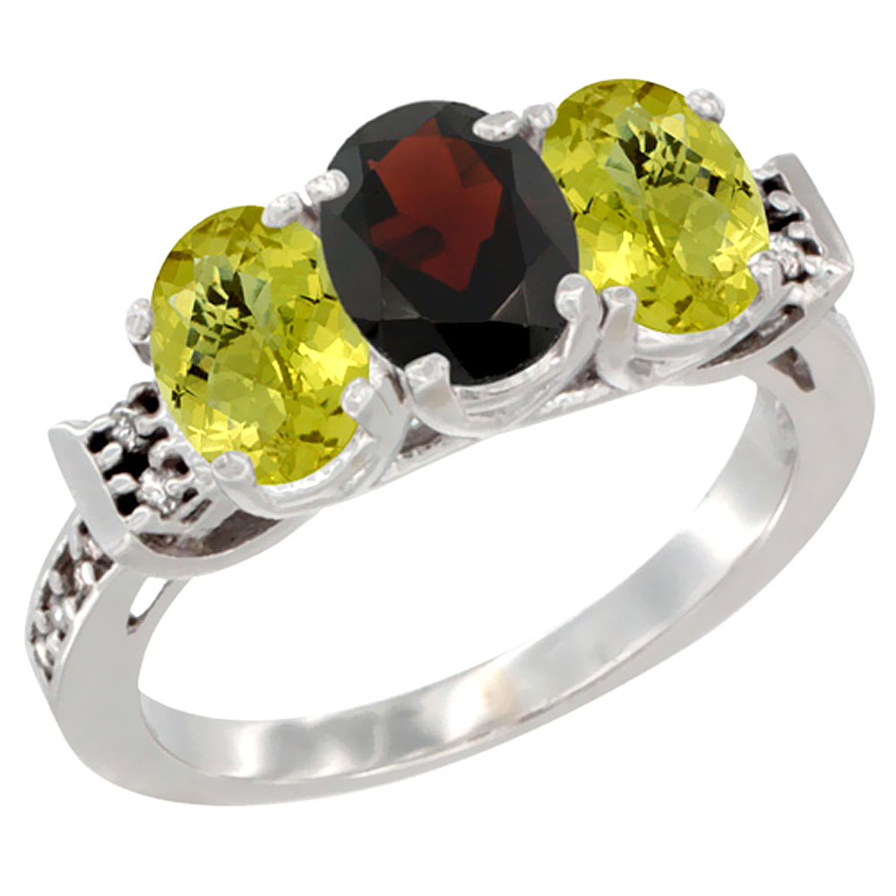 14K White Gold Natural Garnet & Lemon Quartz Ring 3-Stone 7x5 mm Oval Diamond Accent, sizes 5 - 10
