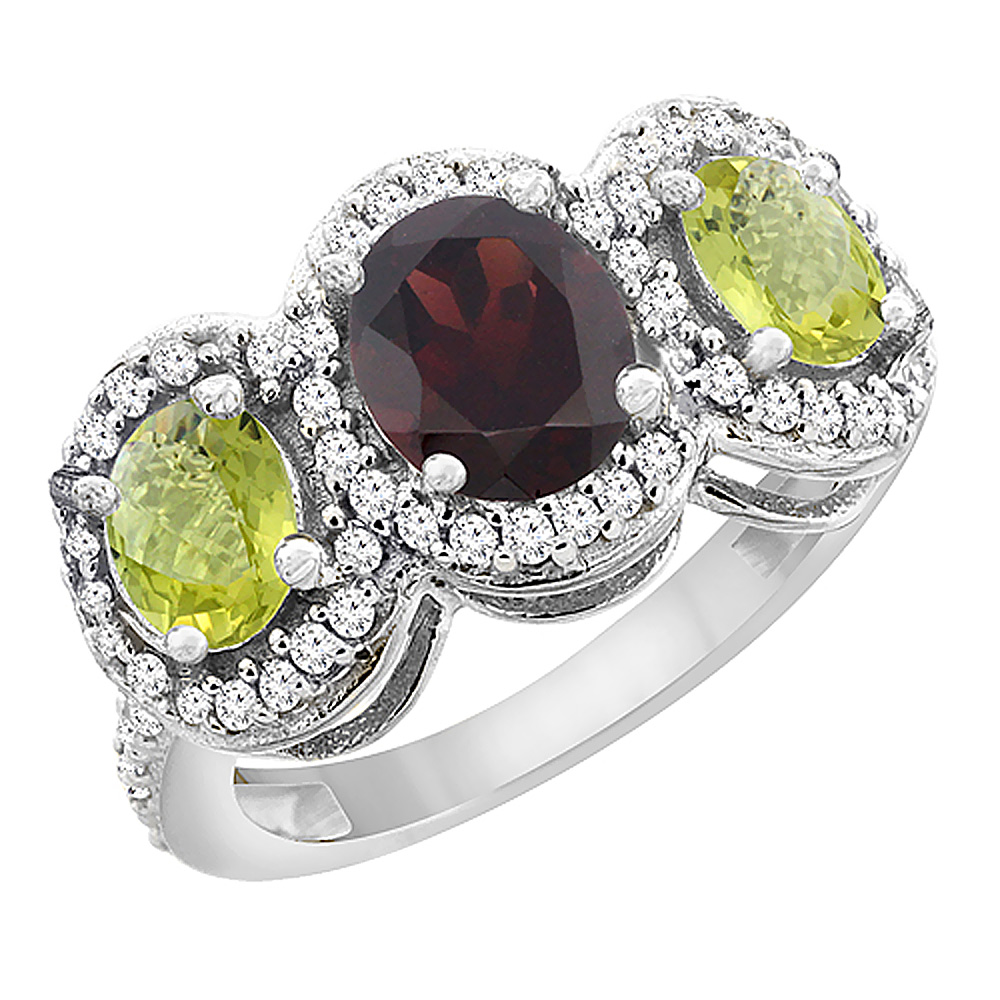 14K White Gold Natural Garnet & Lemon Quartz 3-Stone Ring Oval Diamond Accent, sizes 5 - 10