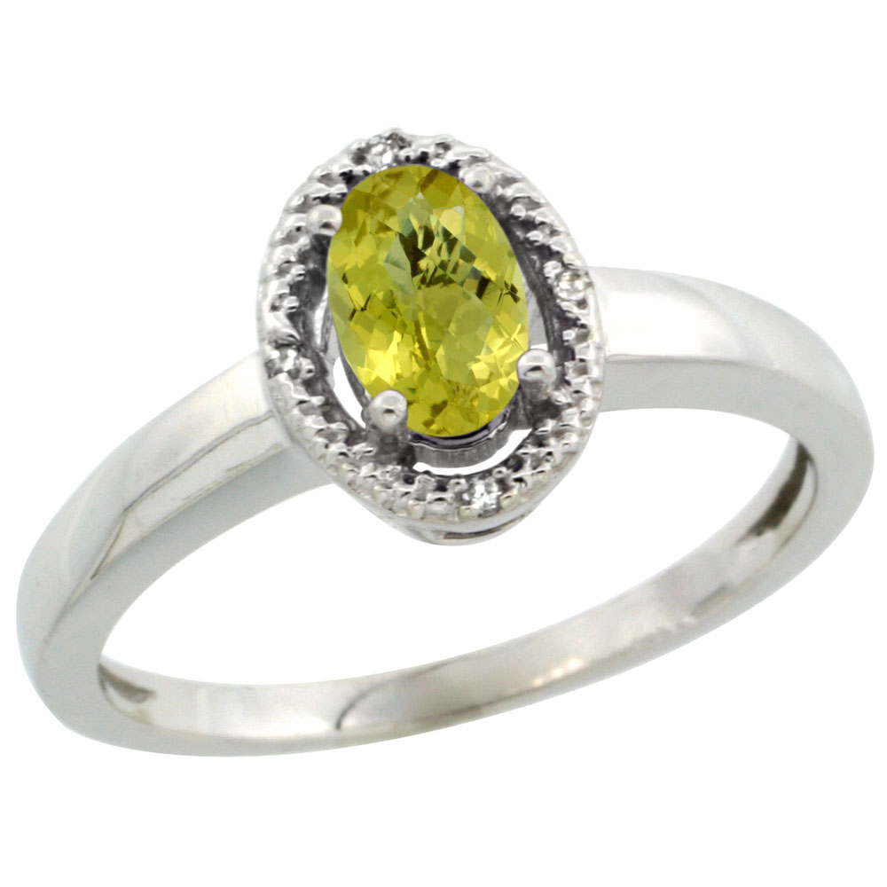 14K White Gold Diamond Halo Natural Lemon Quartz Engagement Ring Oval 6X4 mm, sizes 5-10