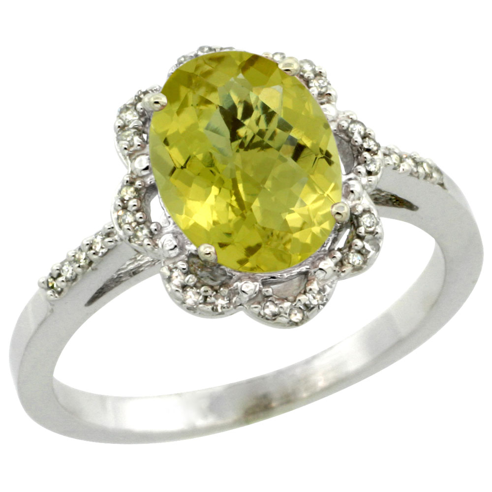 14K White Gold Diamond Halo Natural Lemon Quartz Engagement Ring Oval 9x7mm, sizes 5-10