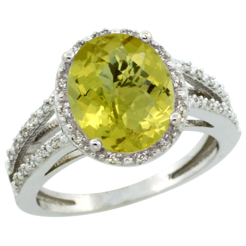 10K White Gold Diamond Natural Lemon Quartz Ring Oval 11x9mm, sizes 5-10