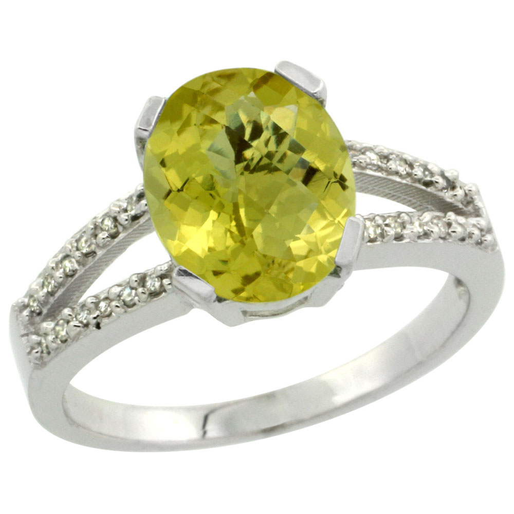 14K White Gold Diamond Natural Lemon Quartz Engagement Ring Oval 10x8mm, sizes 5-10