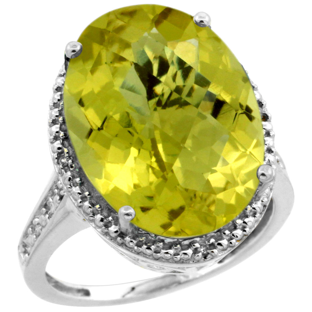 10K White Gold Diamond Natural Lemon Quartz Ring Oval 18x13mm, sizes 5-10
