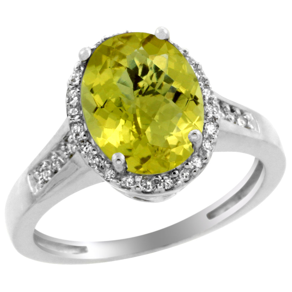 14K White Gold Diamond Natural Lemon Quartz Engagement Ring Oval 10x8mm, sizes 5-10