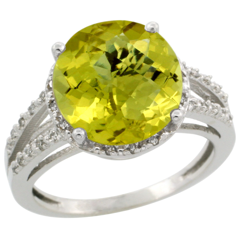 14K White Gold Diamond Natural Lemon Quartz Ring Round 11mm, sizes 5-10