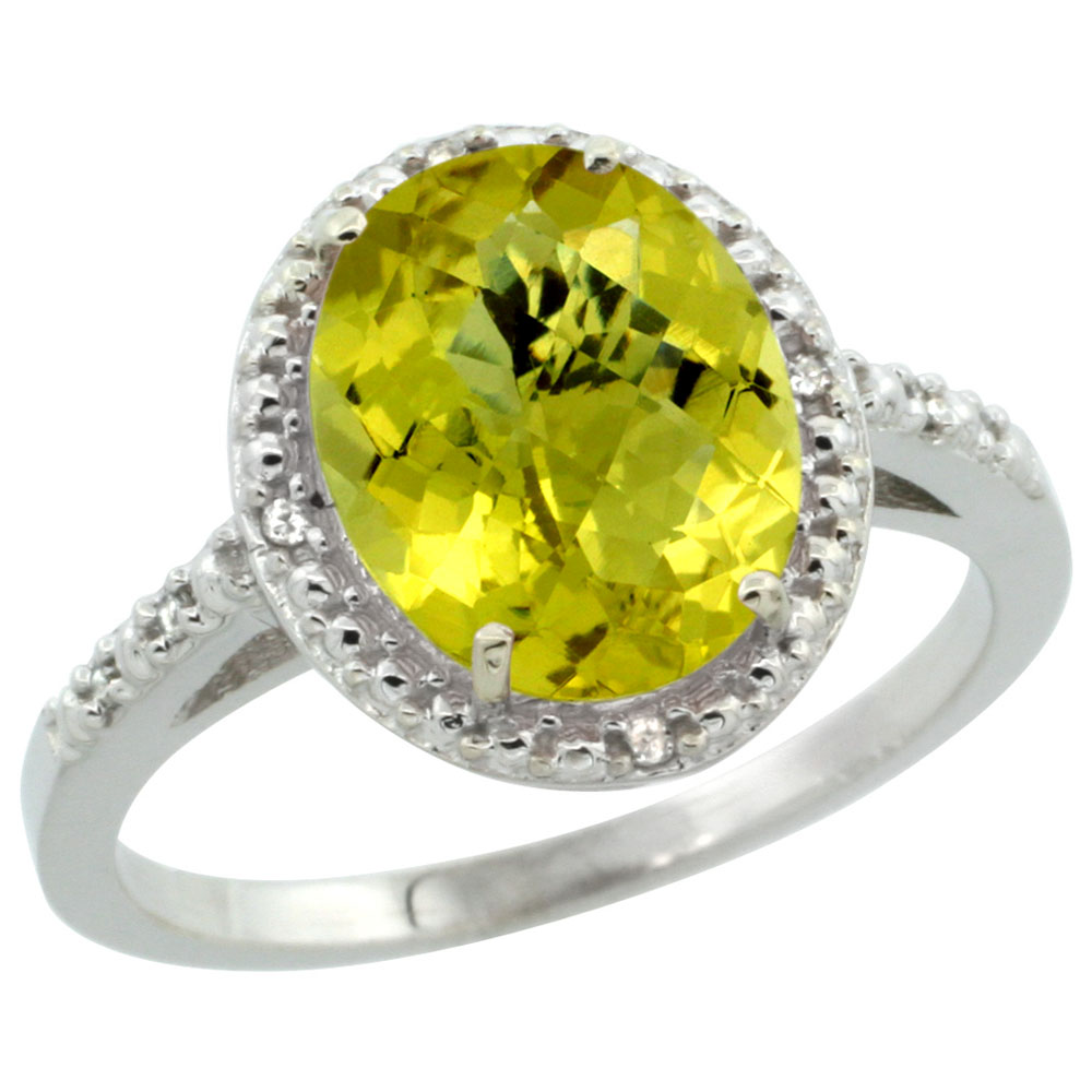 14K White Gold Diamond Natural Lemon Quartz Engagement Ring Oval 10x8mm, sizes 5-10