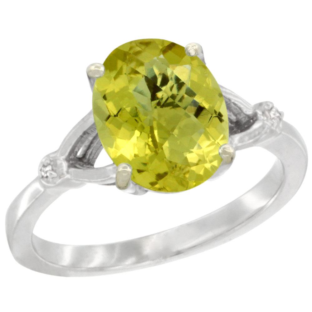 10K White Gold Diamond Natural Lemon Quartz Engagement Ring Oval 10x8mm, sizes 5-10