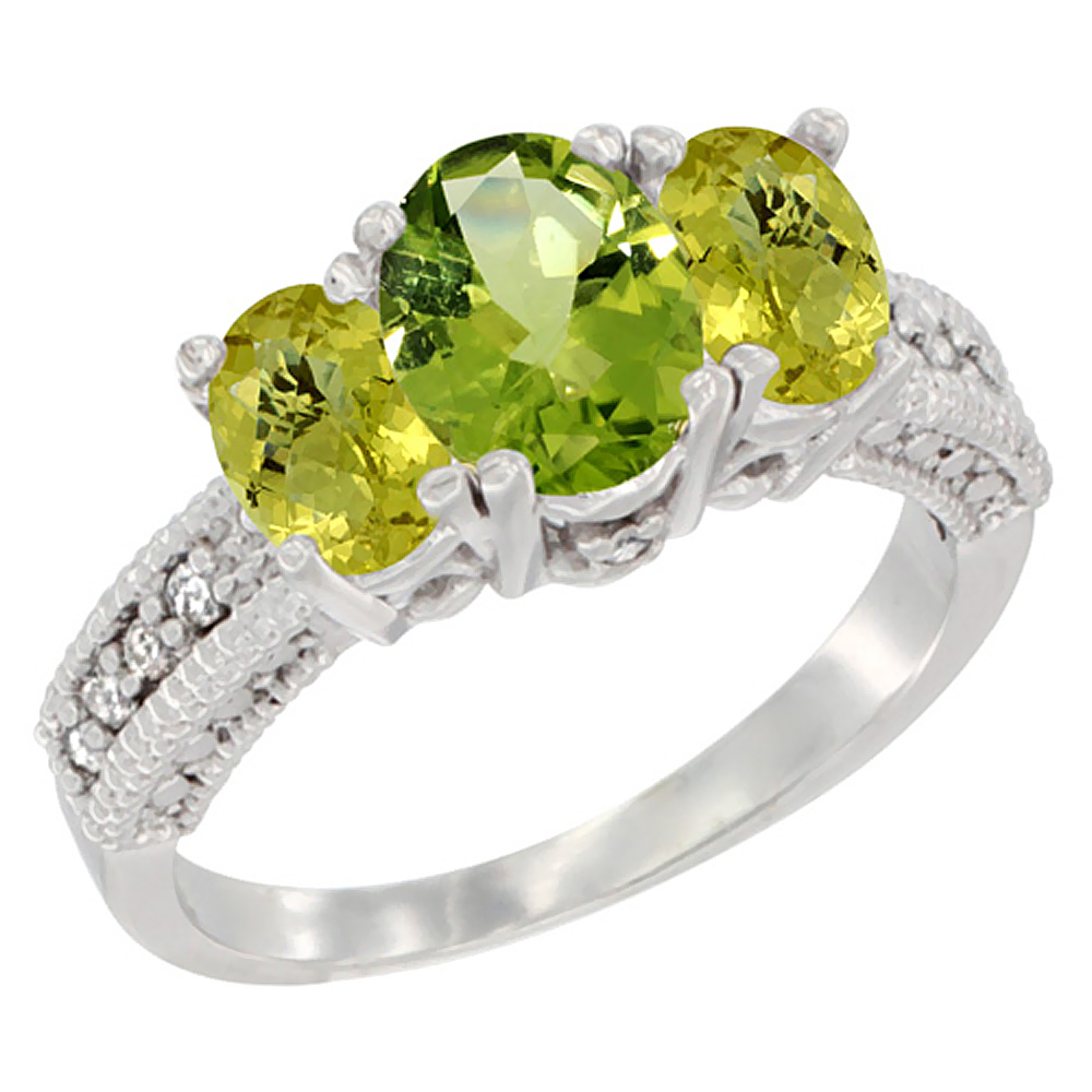 14K White Gold Diamond Natural Peridot Ring Oval 3-stone with Lemon Quartz, sizes 5 - 10