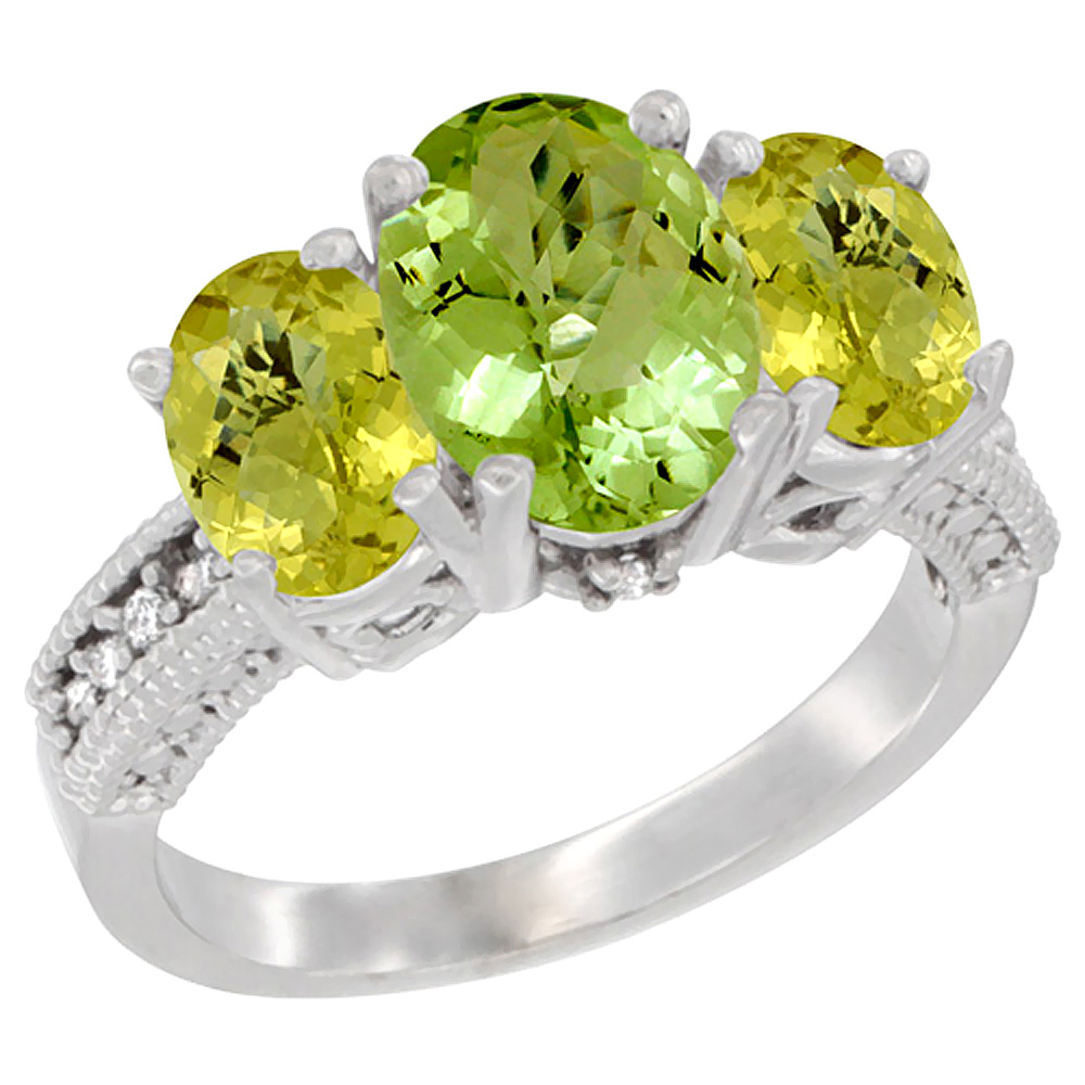 14K White Gold Diamond Natural Peridot Ring 3-Stone Oval 8x6mm with Lemon Quartz, sizes5-10