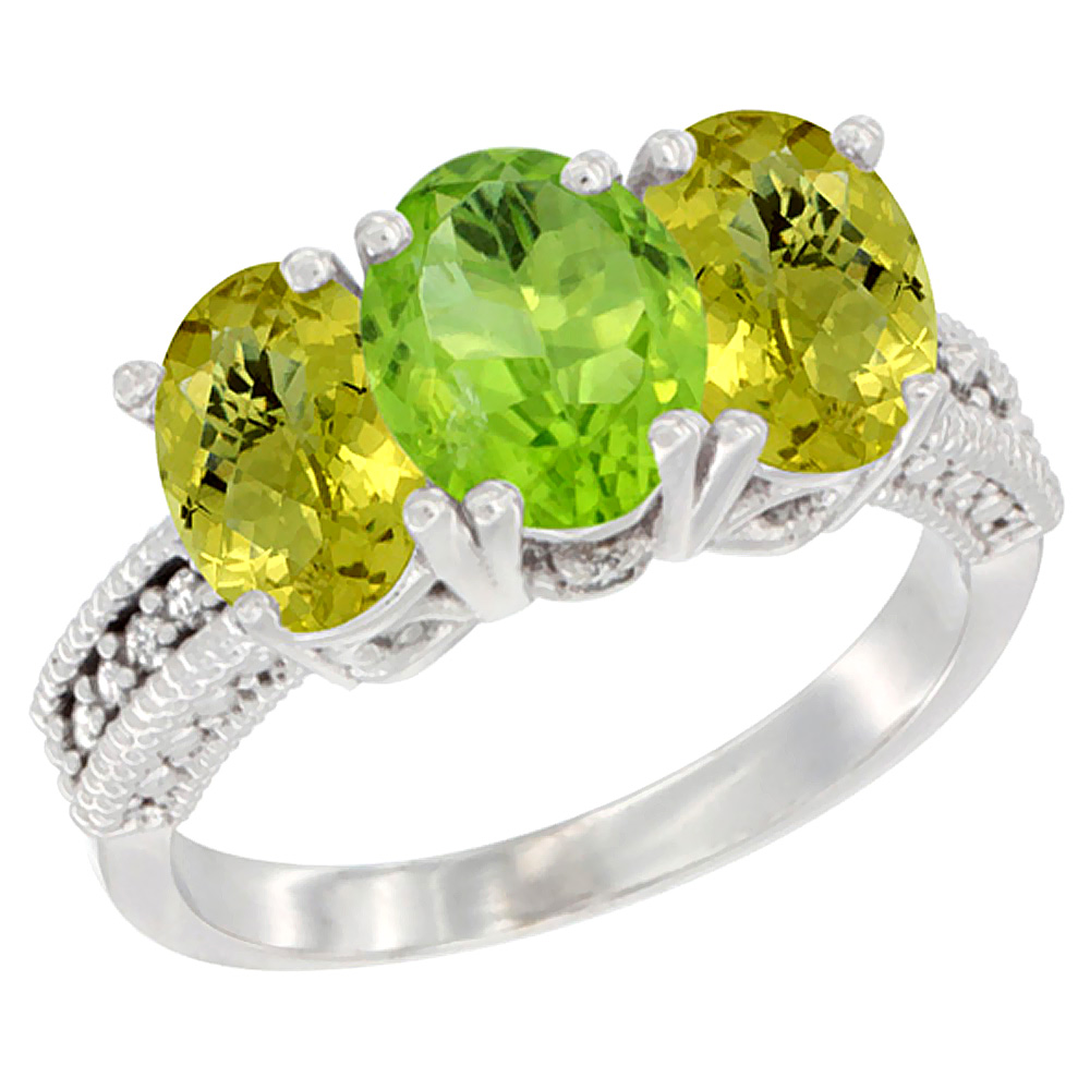 14K White Gold Natural Peridot Ring with Lemon Quartz 3-Stone 7x5 mm Oval Diamond Accent, sizes 5 - 10