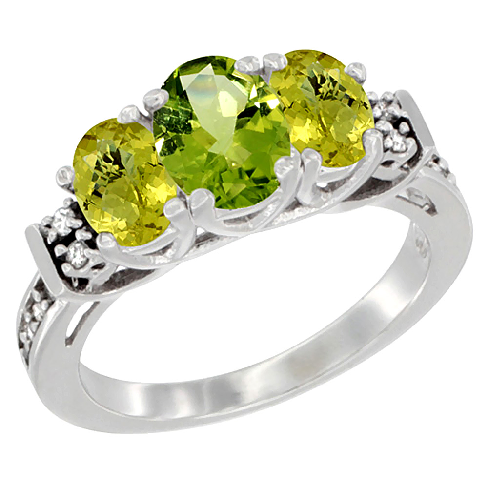 10K White Gold Natural Peridot & Lemon Quartz Ring 3-Stone Oval Diamond Accent, sizes 5-10