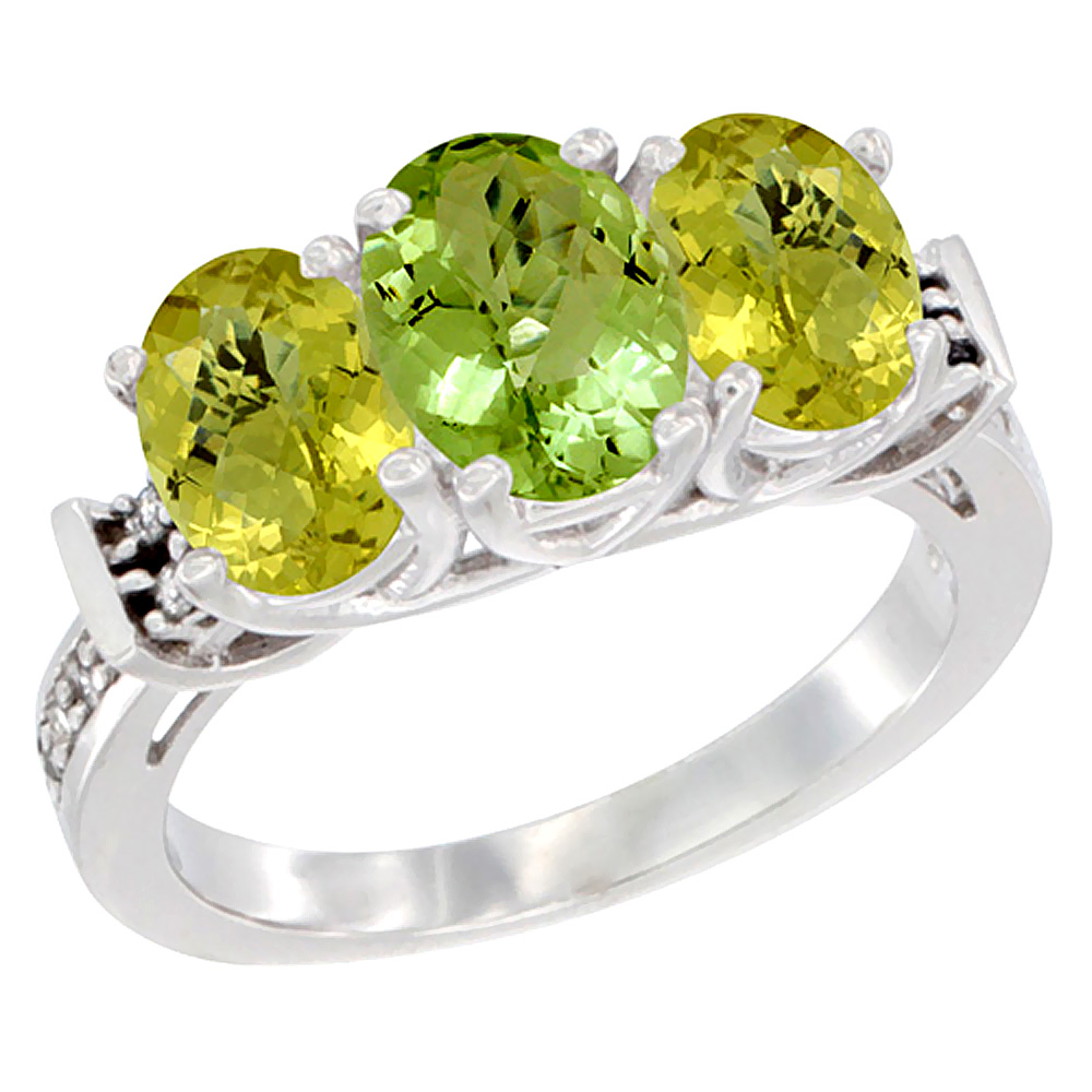 10K White Gold Natural Peridot & Lemon Quartz Sides Ring 3-Stone Oval Diamond Accent, sizes 5 - 10