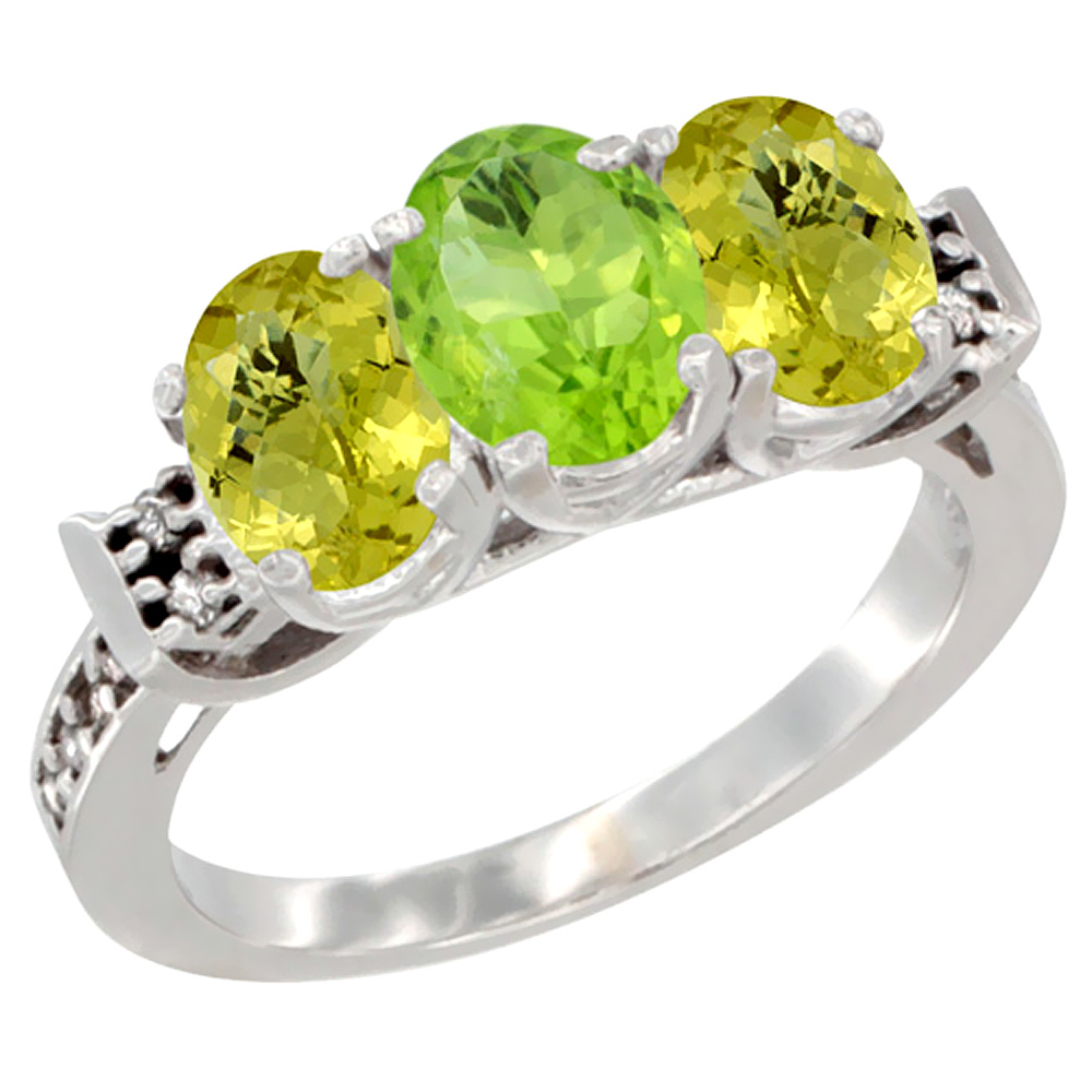 10K White Gold Natural Peridot & Lemon Quartz Sides Ring 3-Stone Oval 7x5 mm Diamond Accent, sizes 5 - 10