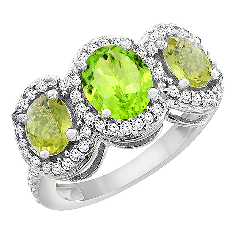 10K White Gold Natural Peridot & Lemon Quartz 3-Stone Ring Oval Diamond Accent, sizes 5 - 10