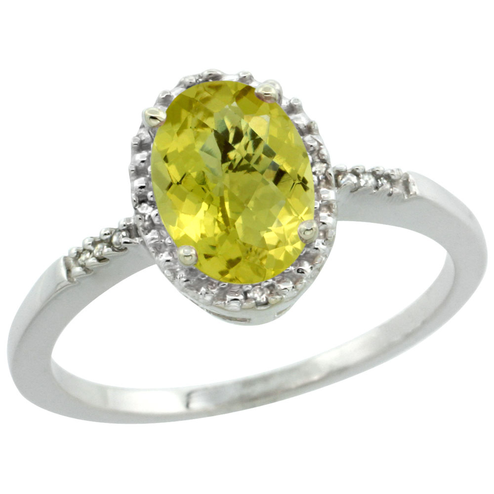 14K White Gold Diamond Natural Lemon Quartz Ring Oval 8x6mm, sizes 5-10
