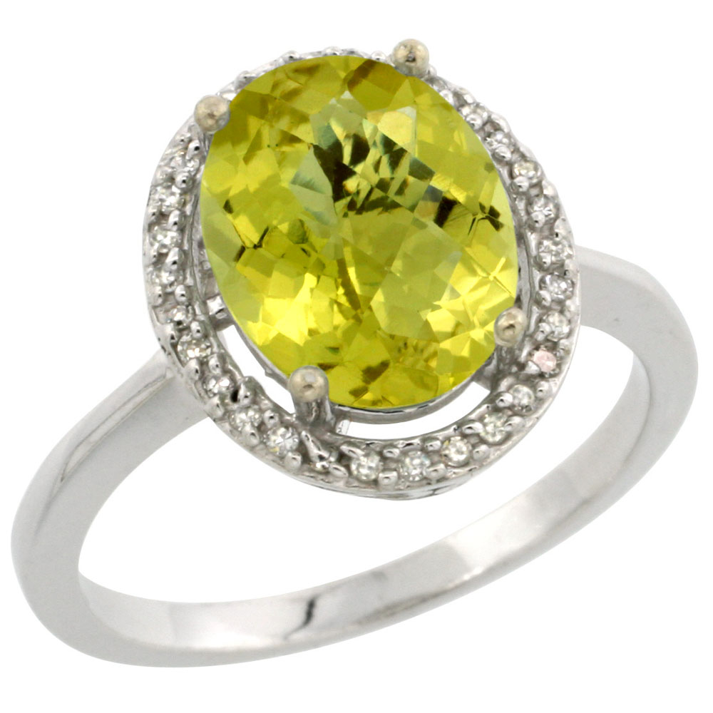 14K White Gold Diamond Natural Lemon Quartz Engagement Ring Oval 10x8mm, sizes 5-10