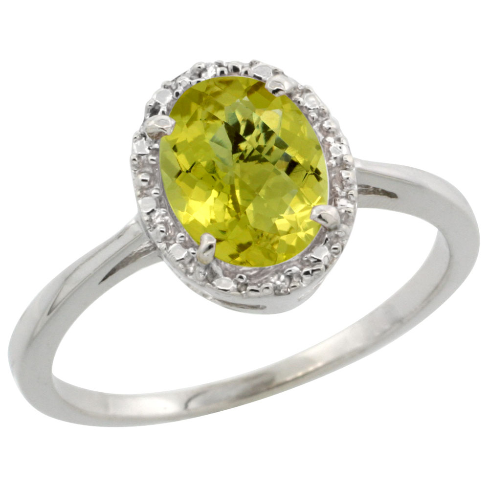 14K White Gold Natural Lemon Quartz Ring Oval 8x6 mm Diamond Halo, sizes 5-10