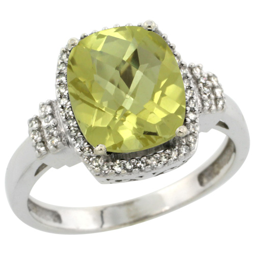 14K White Gold Natural Lemon Quartz Ring Cushion-cut 9x7mm Diamond Halo, sizes 5-10