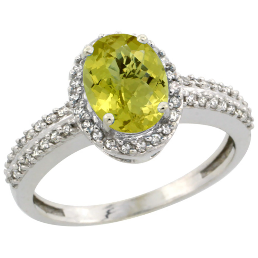 14K White Gold Natural Lemon Quartz Ring Oval 8x6mm Diamond Halo, sizes 5-10