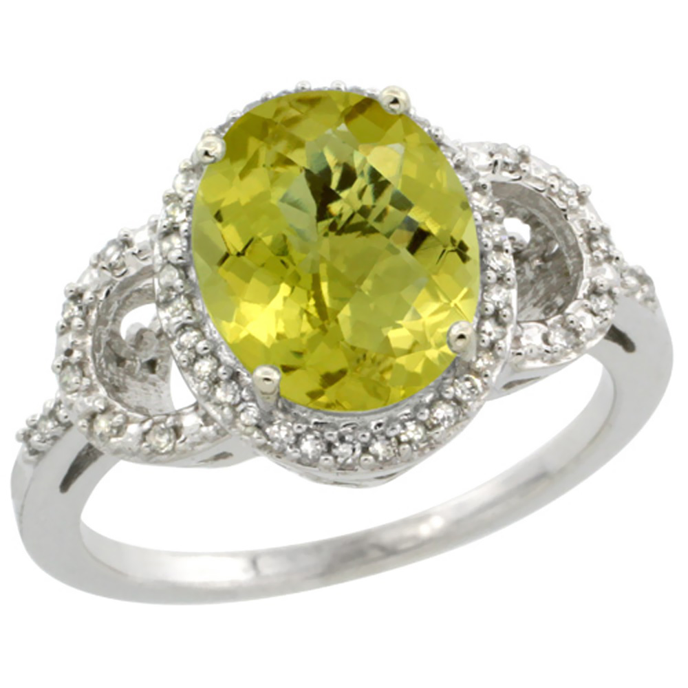 14K White Gold Diamond Natural Lemon Quartz Engagement Ring Oval 10x8mm, sizes 5-10