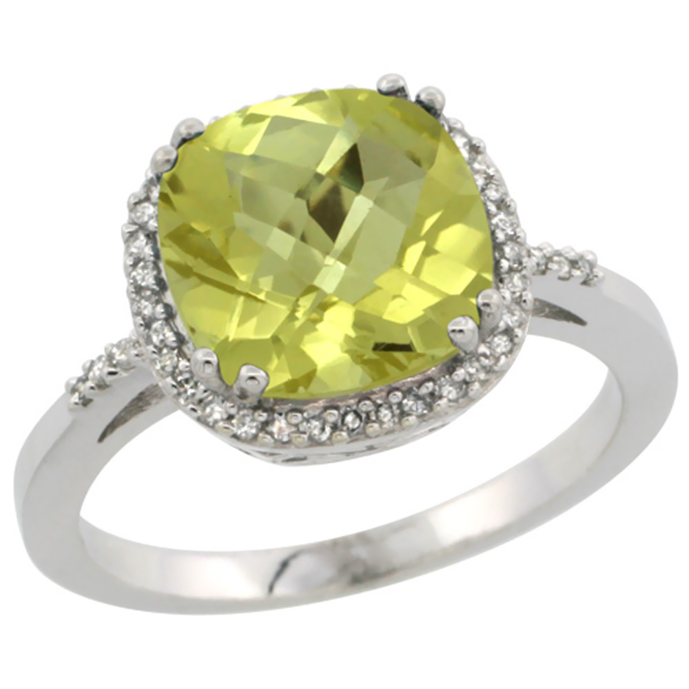 14K White Gold Diamond Natural Lemon Quartz Ring Cushion-cut 9x9mm, sizes 5-10